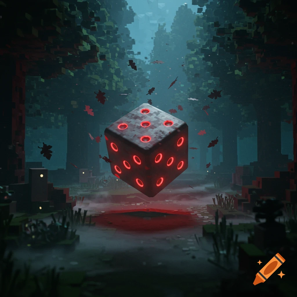 A glowing red pixelated die floats amidst falling leaves in a dark, mysterious voxel art forest.