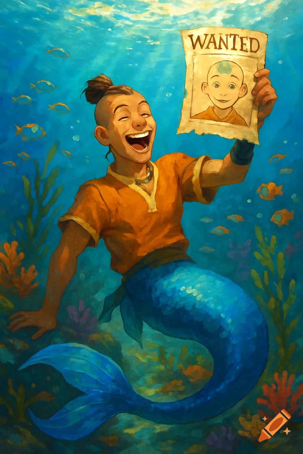 Sokka as a merman laughs underwater, holding a wanted poster for Aang in an animated style.