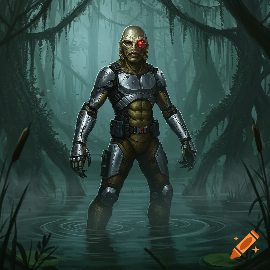 A creature resembling the Creature from the Black Lagoon, with a cybernetic red eye and silver armor, stands in a misty swamp.