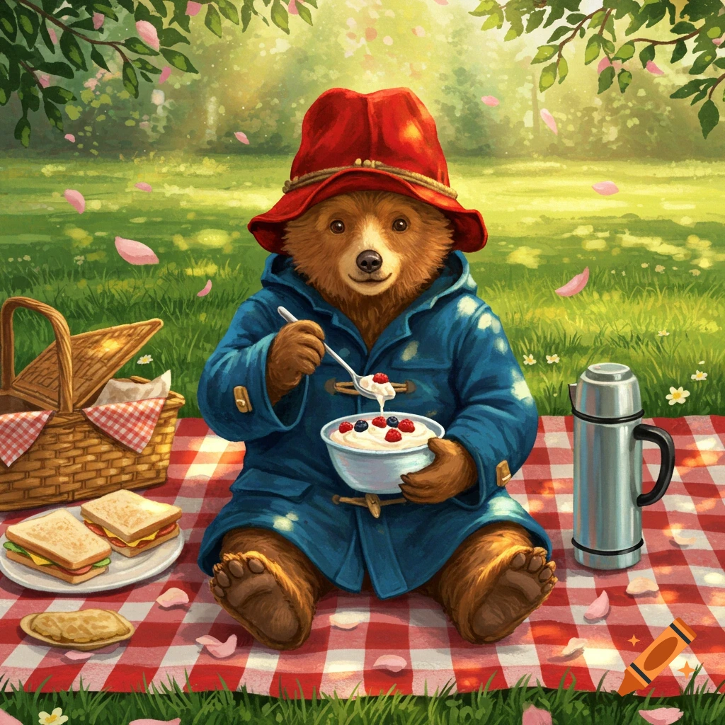 Illustrated Paddington Bear in a blue coat and red hat, eating yogurt with berries on a picnic blanket in a sunny park.