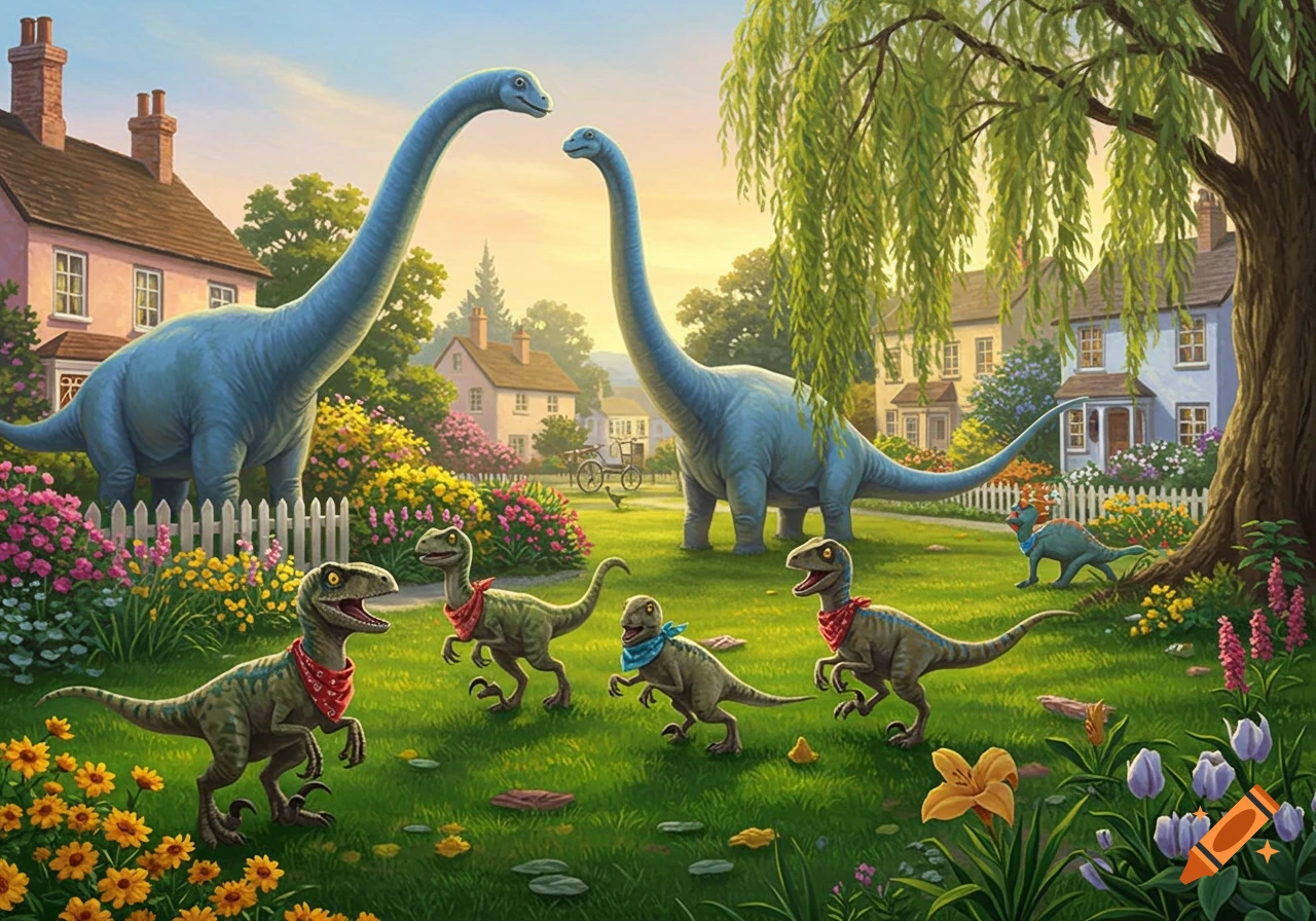 Whimsical illustration of dinosaurs in a colorful suburban garden with houses and a willow tree.