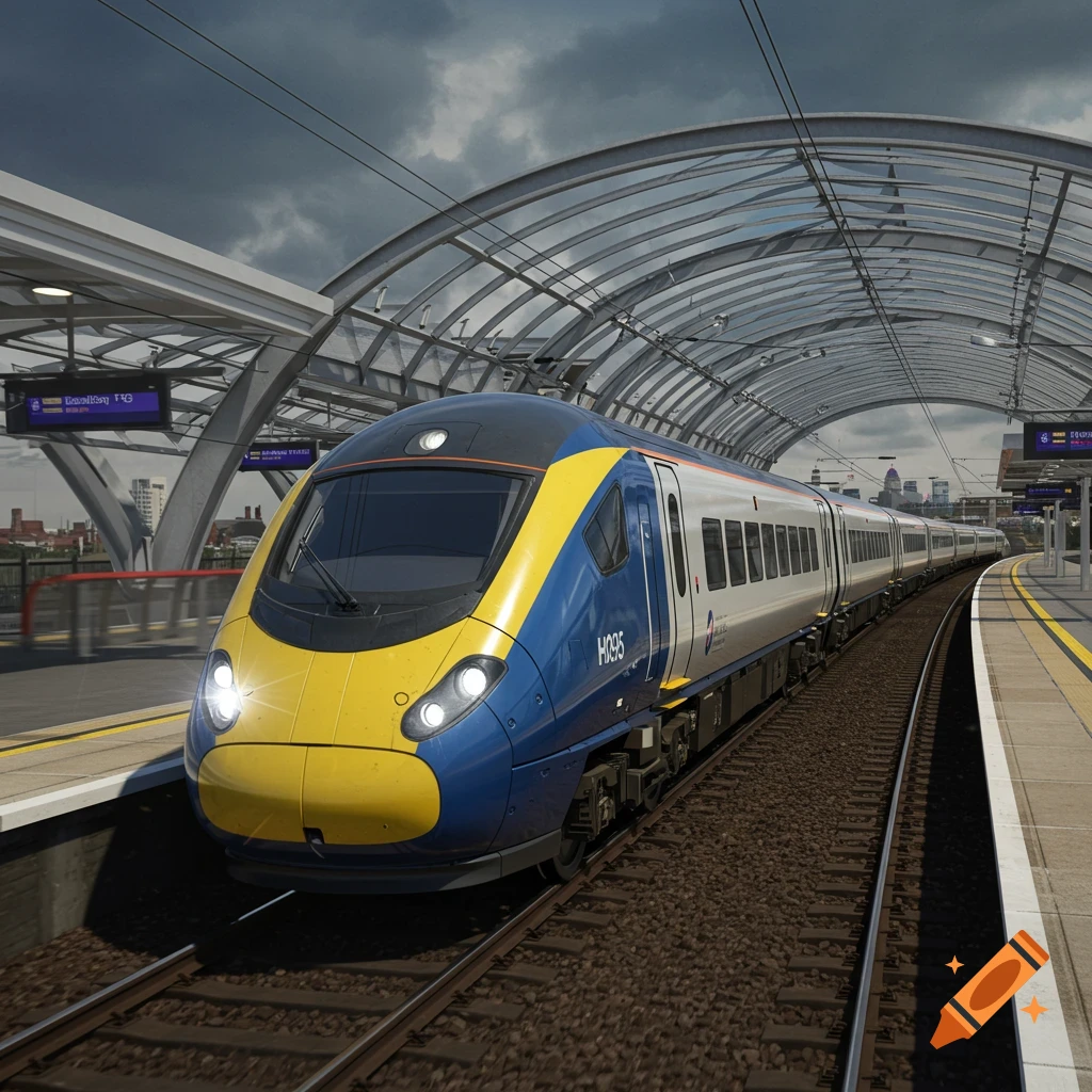 Photorealistic image of a blue and yellow high-speed train at a modern station platform under a curved glass roof, with city buildings in the background.