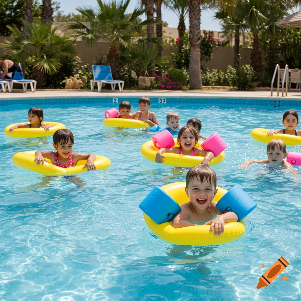 A group of happy young children learning to swim in a bright blue pool, wearing colorful floaties. Photorealistic.