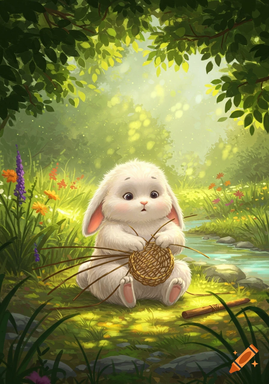 A cute, fluffy white rabbit sits by a stream in a sun-dappled forest, carefully weaving a small basket out of sticks.