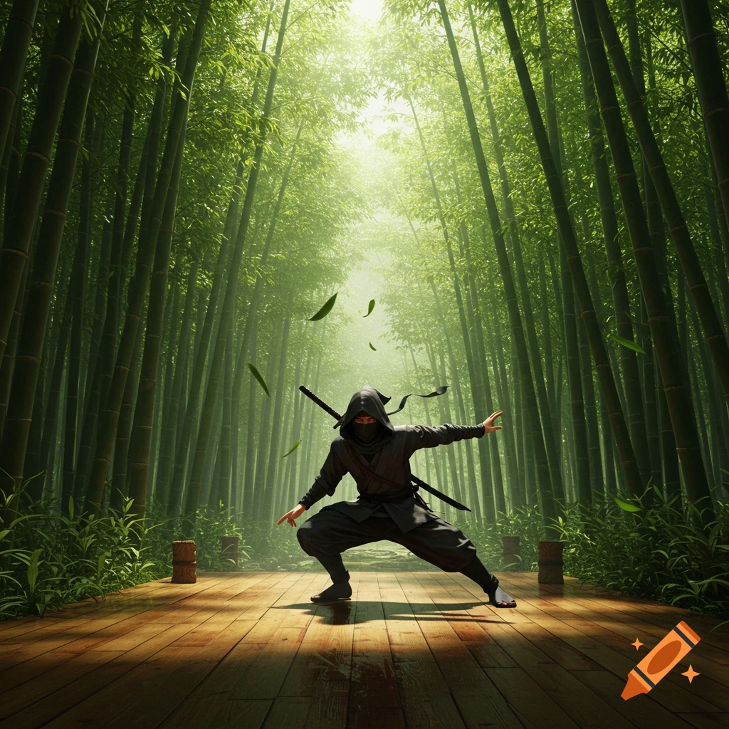 A photorealistic image of a ninja in a martial arts pose on a wooden deck within a vibrant, sunlit bamboo forest.