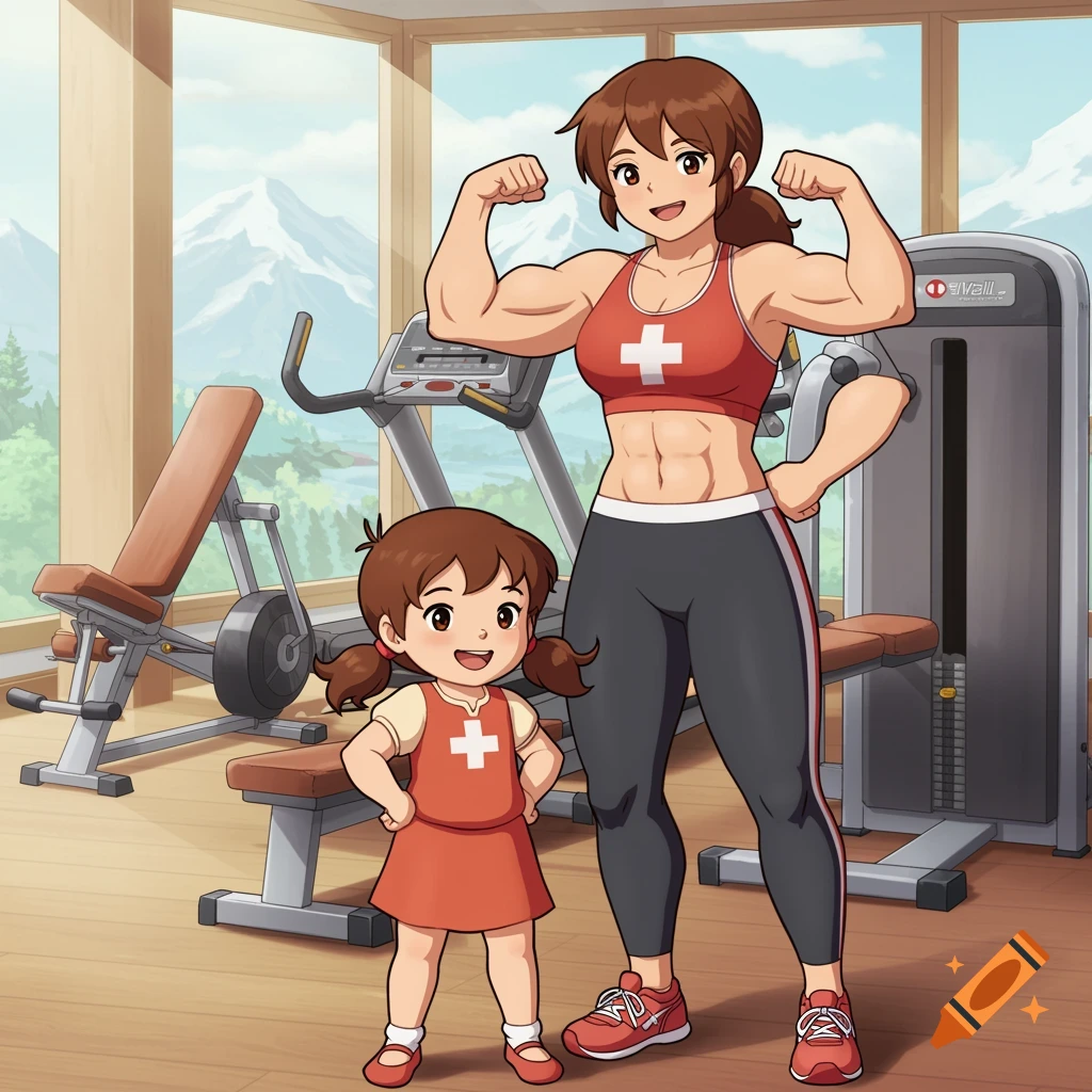 Anime-style illustration of a muscular woman flexing her biceps next to a small girl in a gym setting.
