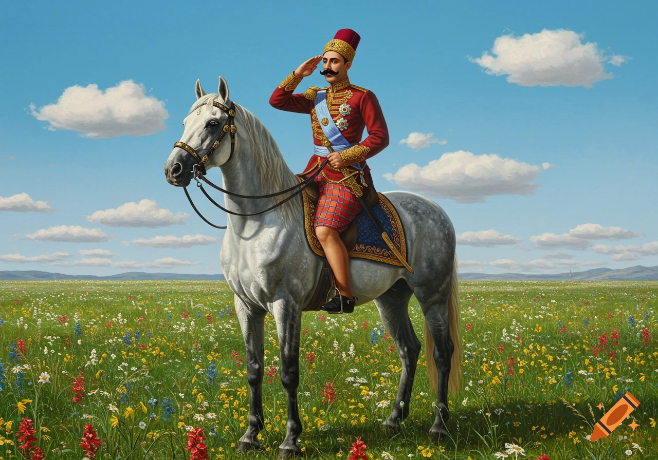 Painting of Naser al-Din Shah Qajar in red uniform and plaid shorts, saluting on a white horse in a flower field.