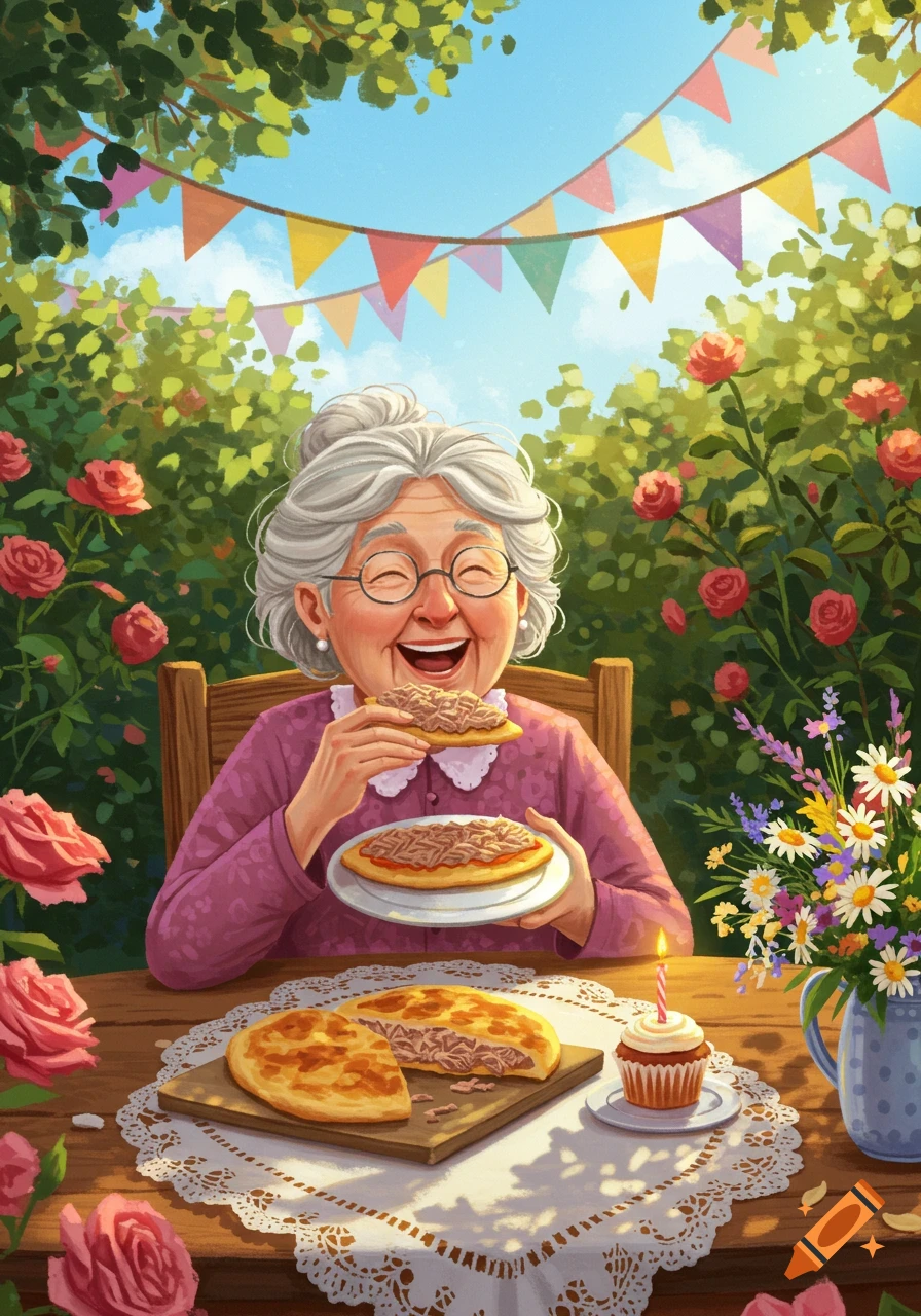 A happy elderly woman smiles while eating tuna flatbread at an outdoor birthday celebration in a rose garden.