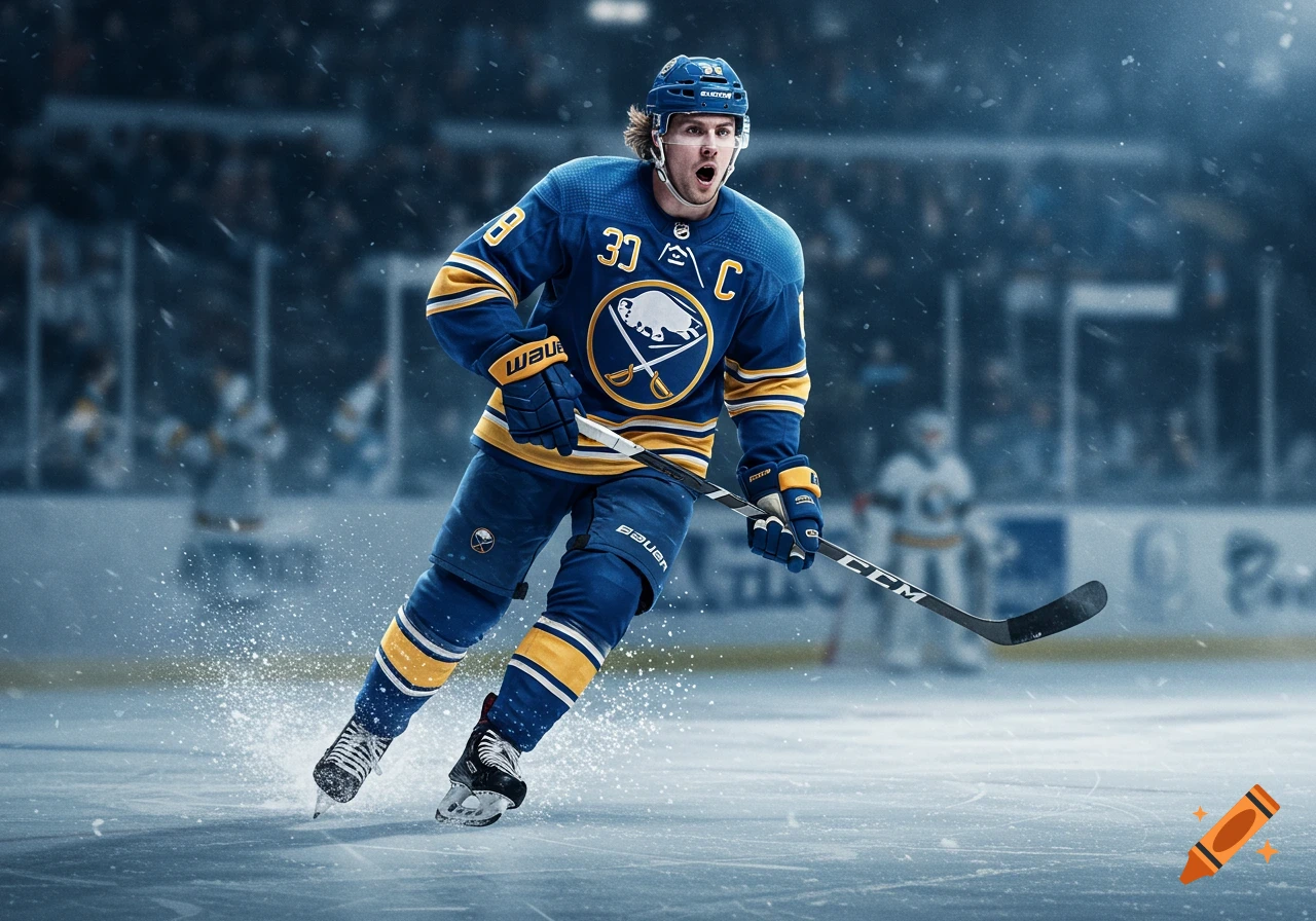 A photorealistic hockey player in a blue and yellow uniform, wearing a helmet and holding a stick, skates dynamically on an ice rink.