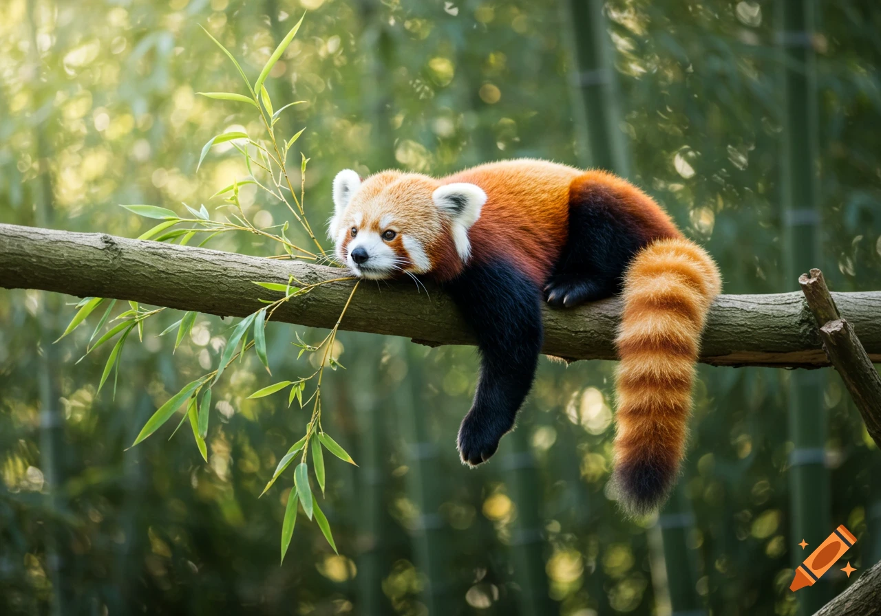 A fluffy red panda with black legs and a striped tail rests on a thick tree branch, surrounded by green bamboo leaves.
