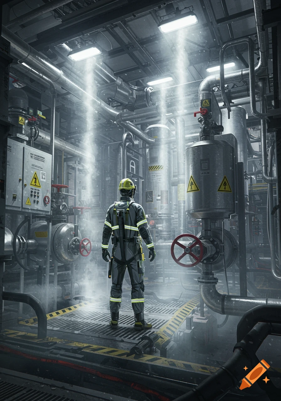 A person in a protective suit with a yellow helmet stands with their back to the viewer in a high-tech industrial facility filled with pipes, machinery, and bright lights.