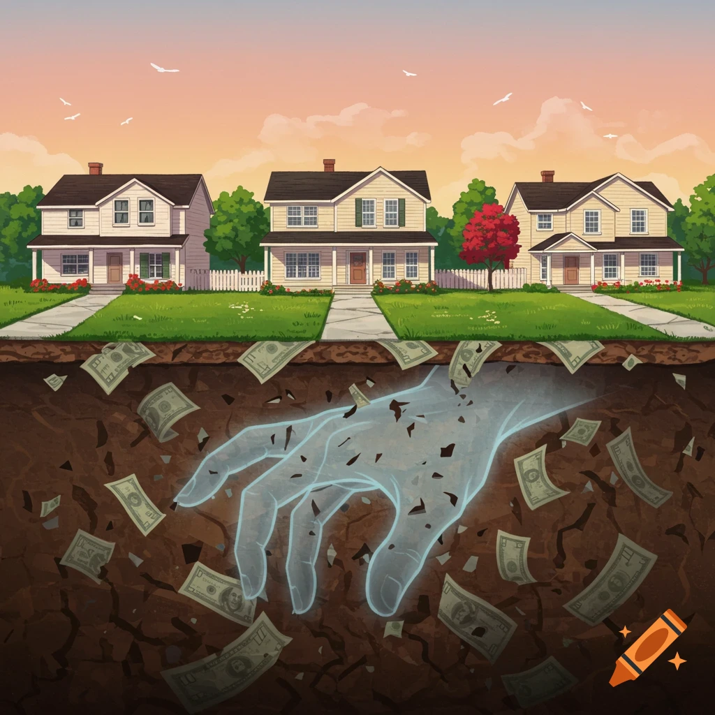Suburban houses above ground with a cross-section below showing a glowing, ghostly hand amidst falling money in the earth. Illustration.
