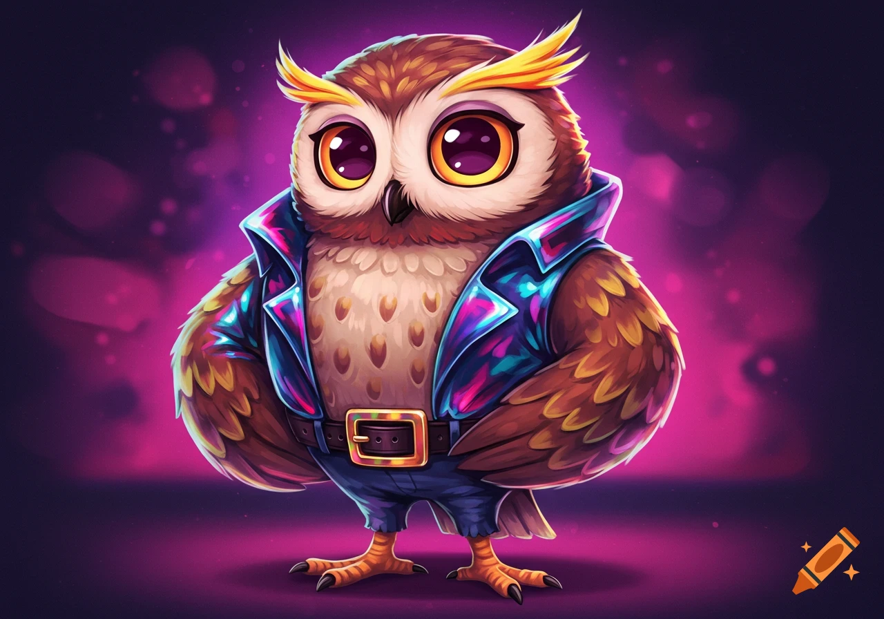A stylish, confident cartoon owl with big eyes wearing a shiny colorful jacket, blue pants, and a prominent belt buckle against a vibrant purple background.