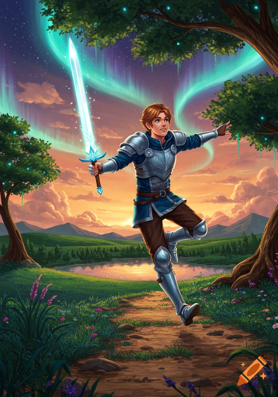 A joyful young man in armor leaps with a glowing sword through a vibrant fantasy landscape with a lake and aurora-like sky.