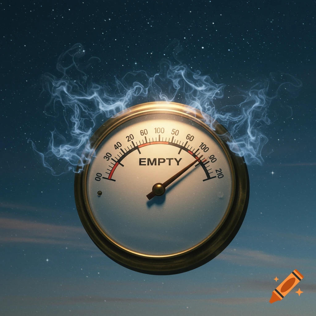 A brass-rimmed meter with a needle pointing to "EMPTY" on its dial, surrounded by blue smoke against a dark starry night sky.