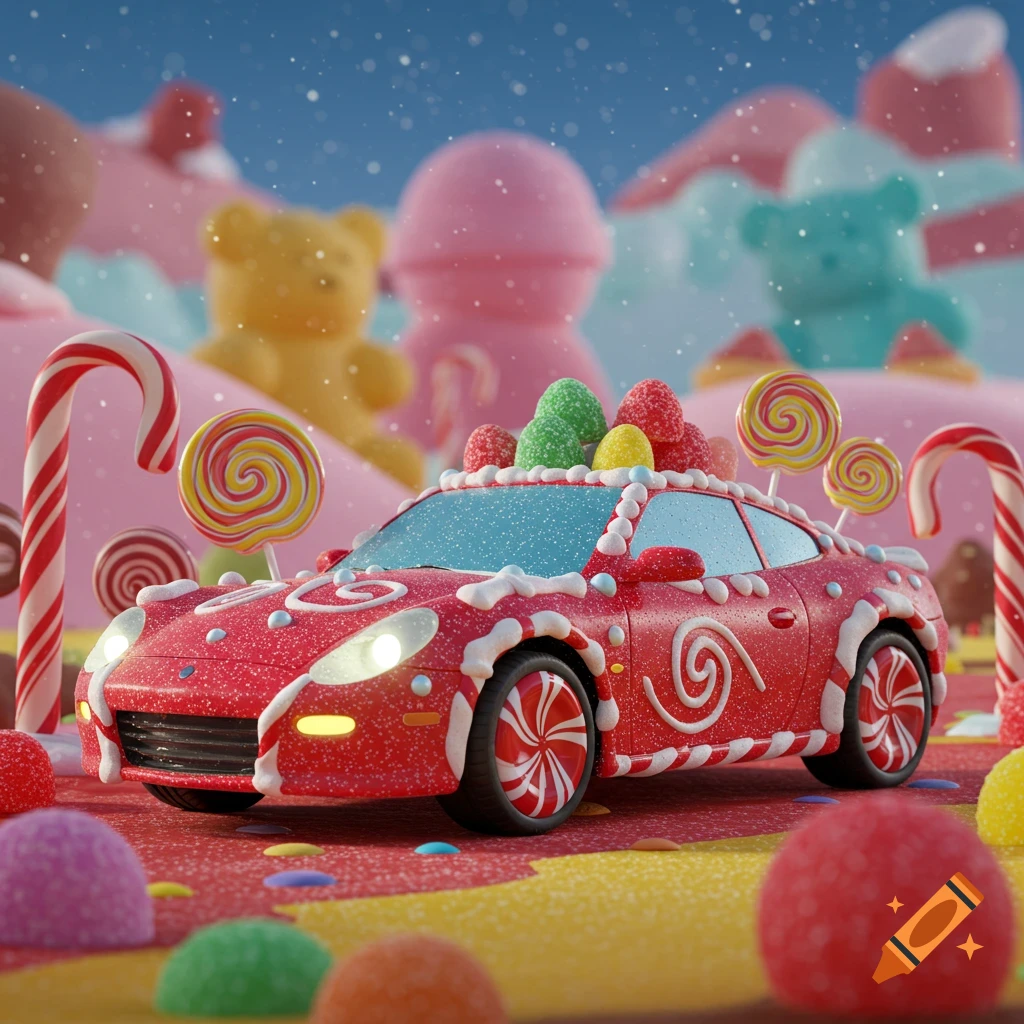 A playful red sports car decorated with frosting, lollipops, and gumdrops, parked in a vibrant, whimsical candy land scene.