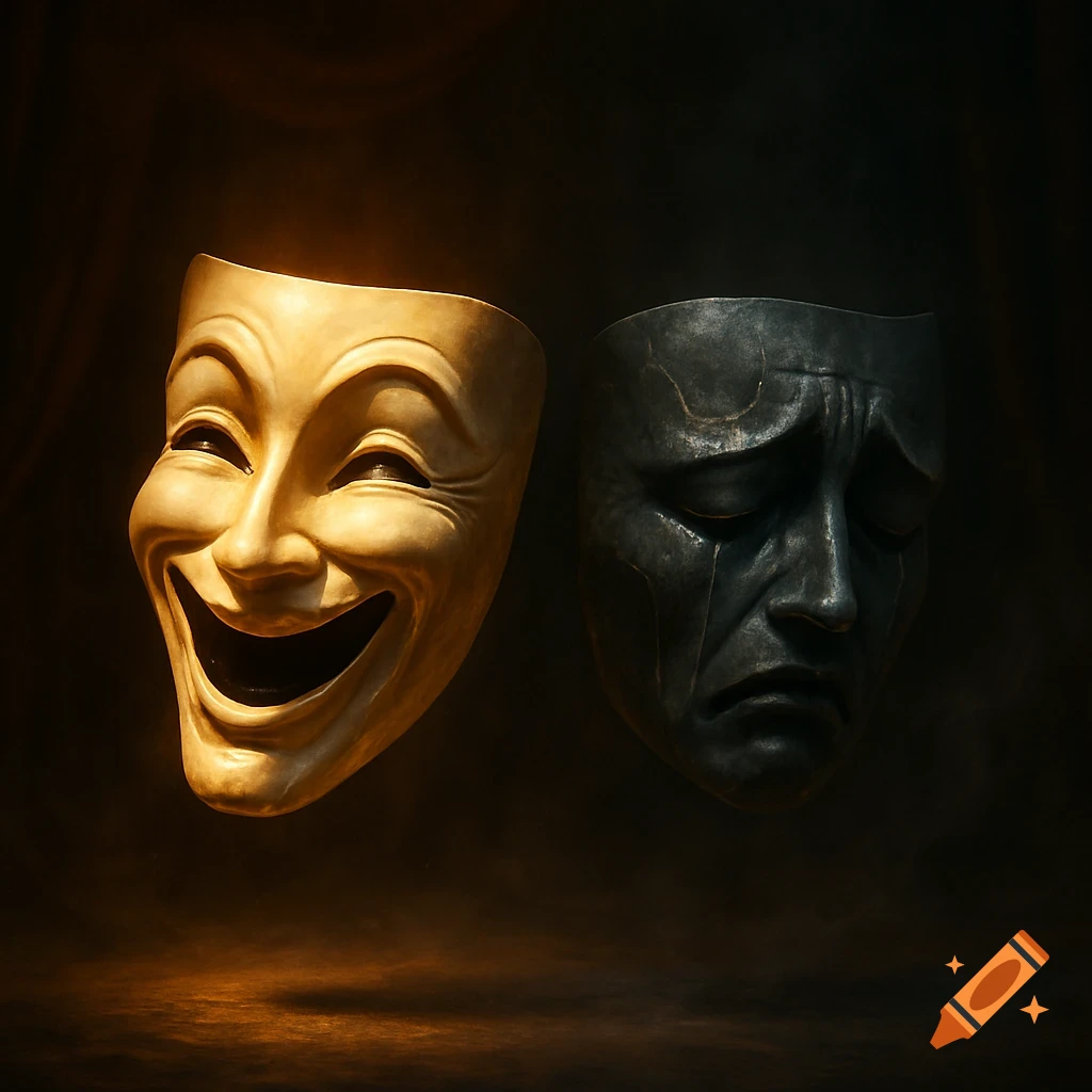 Golden laughing mask and dark crying mask side-by-side against a dark background, dramatically lit.