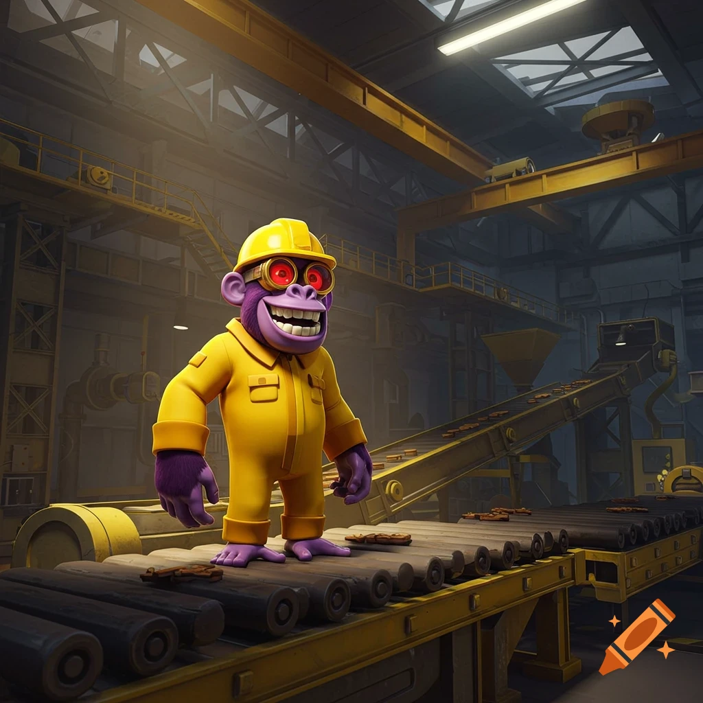 A cartoon ape in a yellow jumpsuit and hard hat with red goggles stands on a conveyor belt in a dimly lit factory, cartoon style.