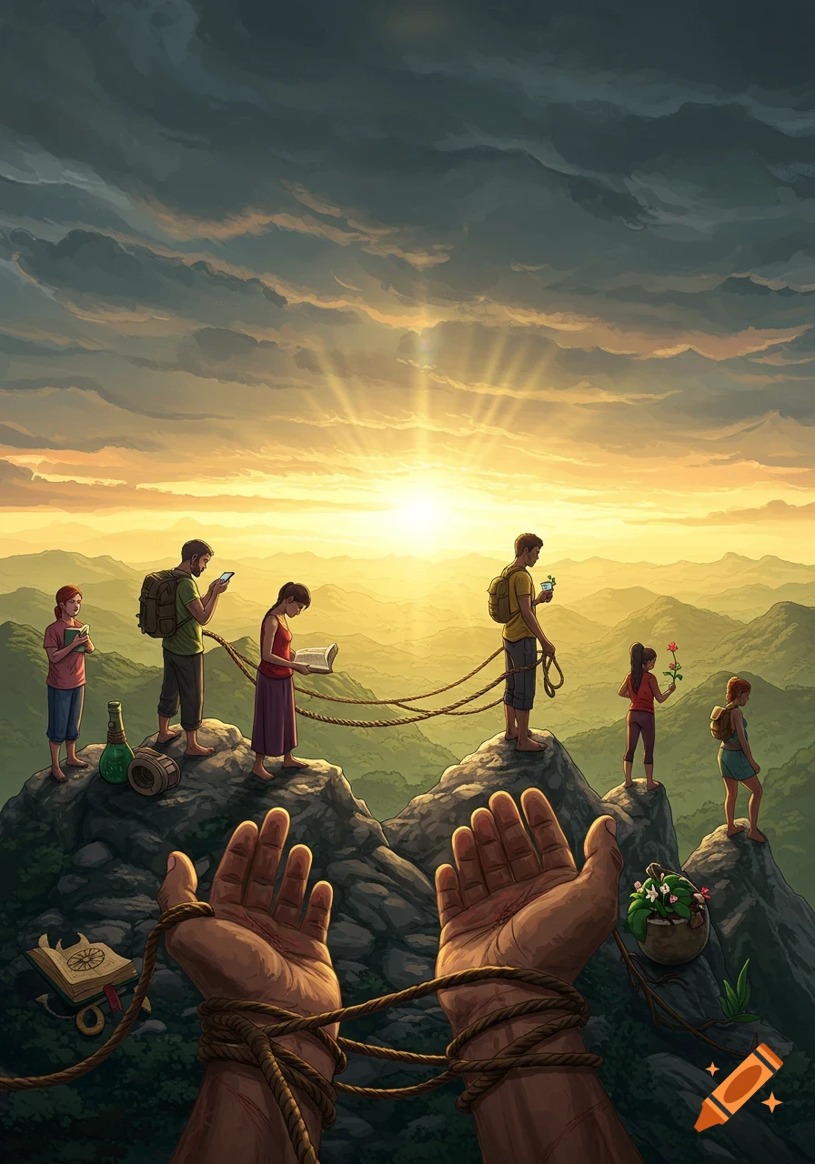 Symbolic digital art of people tied by ropes on mountain peaks under a sunrise, with large bound hands in the foreground.