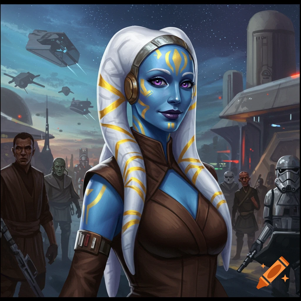 Blue-skinned Star Wars Pantoran woman with white lekku and yellow markings in a futuristic city with spaceships and other characters, digital art.
