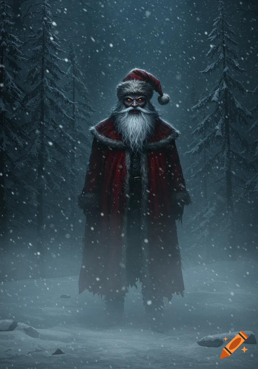 Scary Santa Claus with glowing red eyes and a menacing stare stands in a dark, snowy forest during a snowfall.