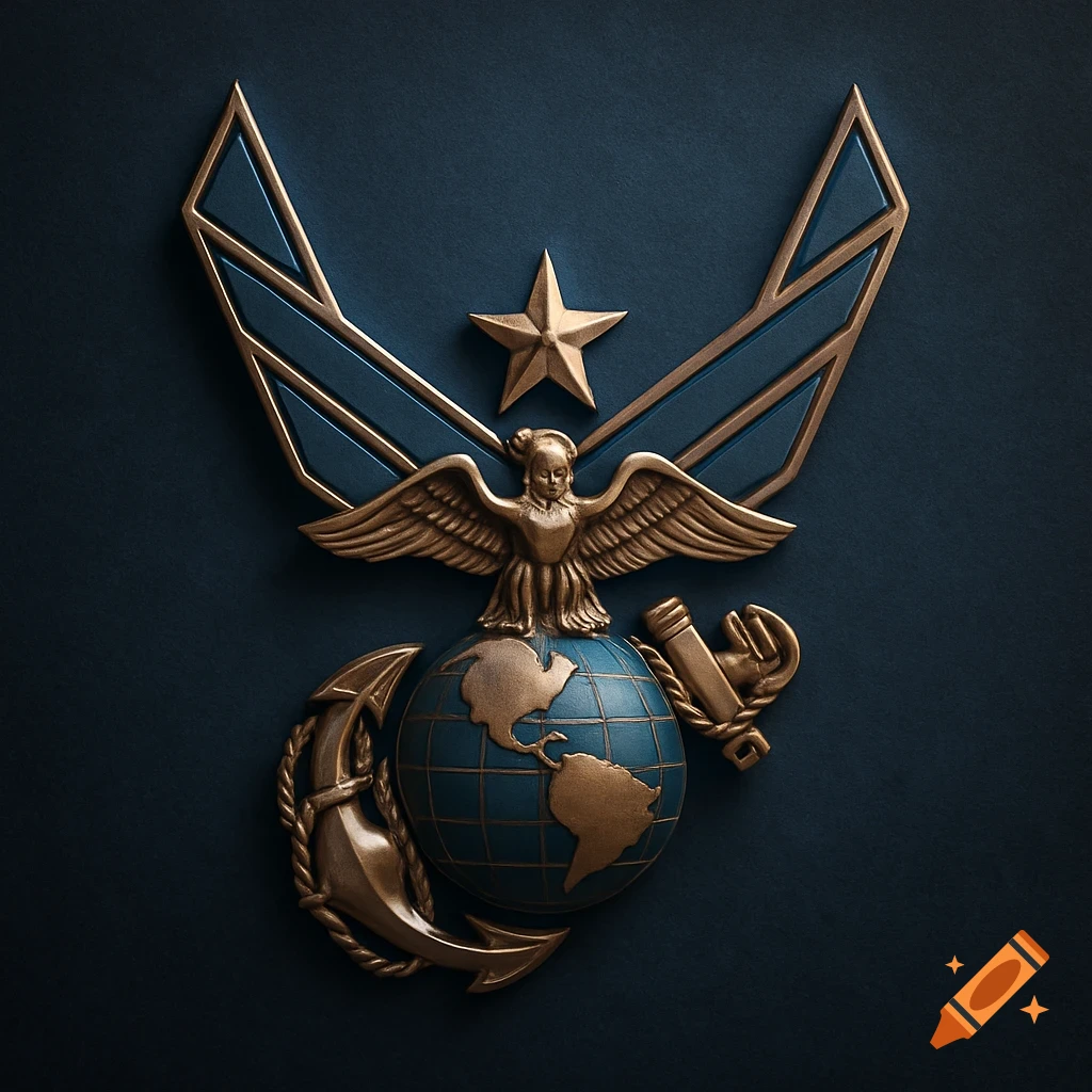 A golden military emblem combining an eagle, globe, anchor, star, and wings on a dark blue background.