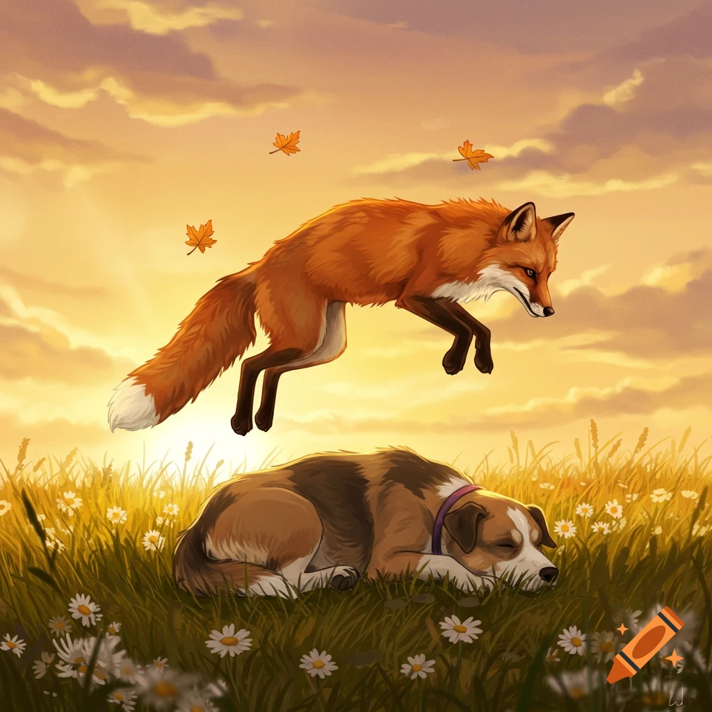 An orange fox jumps over a sleeping brown and white dog in a grassy field with daisies under a sunset sky, illustration.