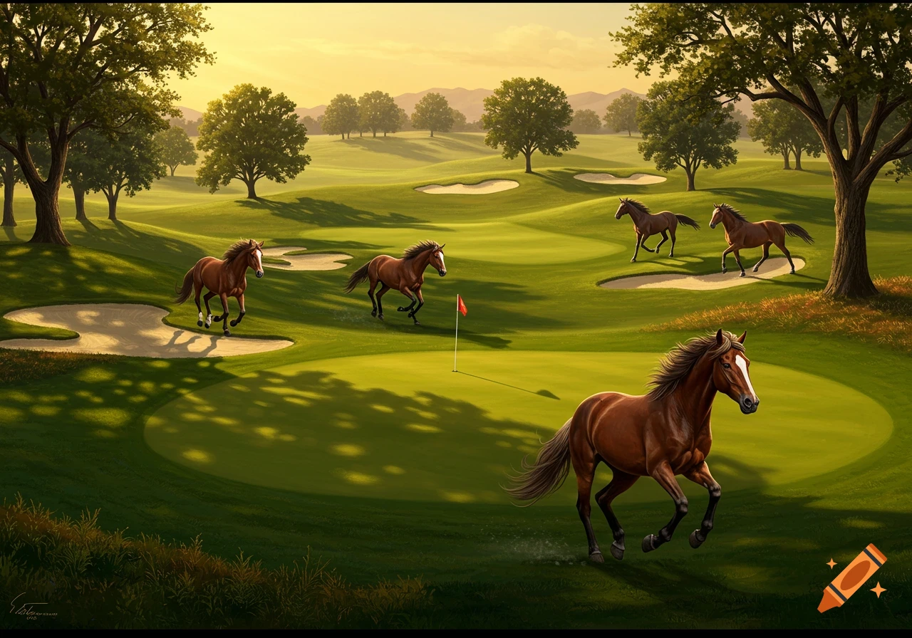 Stylized painting of several brown horses running on a green golf course with sand traps and trees at sunset.