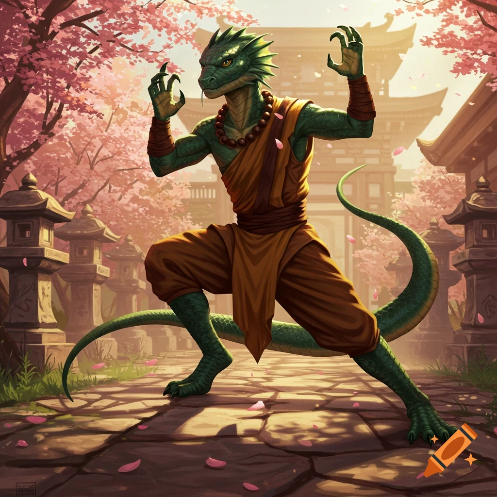 A green-skinned nagaji monk in orange robes performs a martial arts pose amidst blooming cherry trees and Japanese architecture.