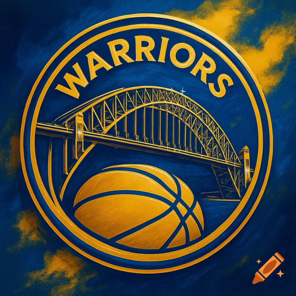 Blue and gold circular logo with 'WARRIORS' text, Sydney Harbour Bridge, and a basketball in a painterly style.