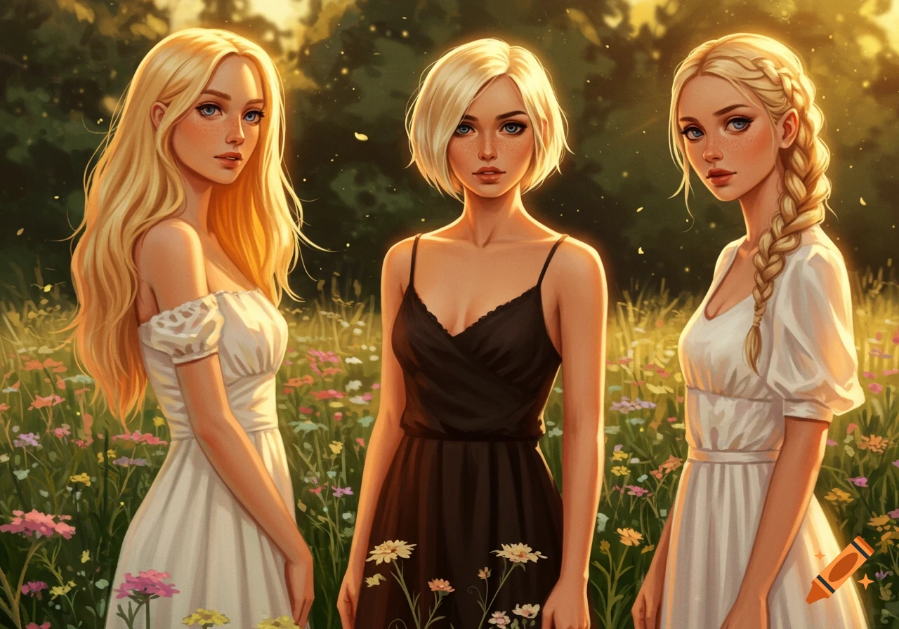 Three blonde women stand in a sunlit field of colorful wildflowers, depicted in a digital art style.