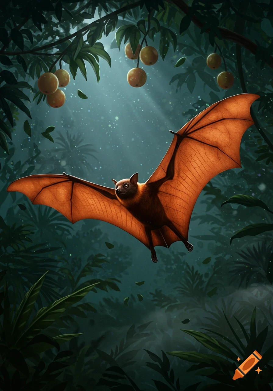 A brown fruit bat with orange wings flies through a misty, dark jungle with hanging fruit.
