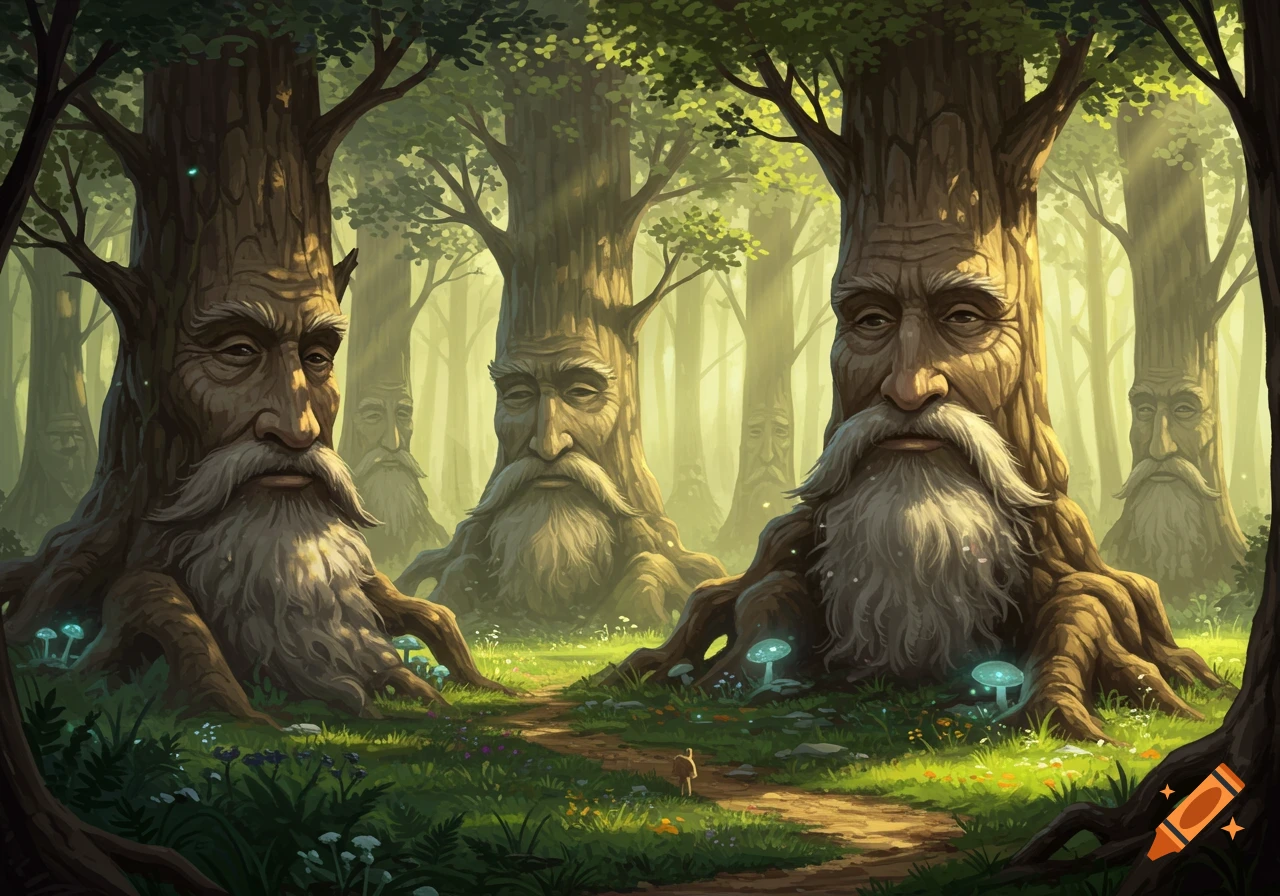 A mystical forest scene featuring ancient trees with wise, bearded faces, glowing mushrooms, and a winding path, in a fantastical art style.