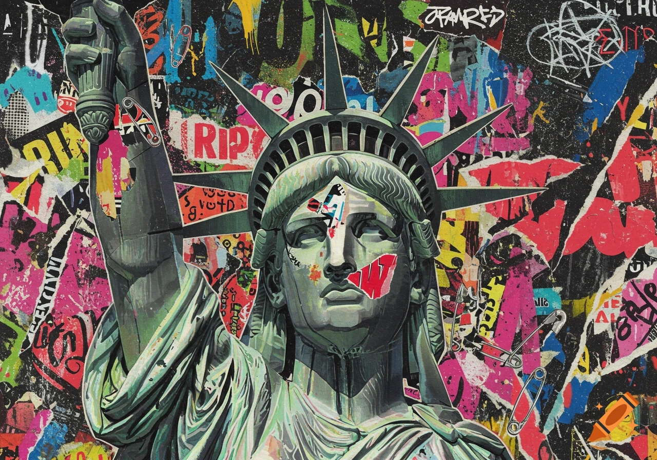 Statue of Liberty in a punk-style collage with torn paper, graffiti, safety pins, and a ripped mouth.