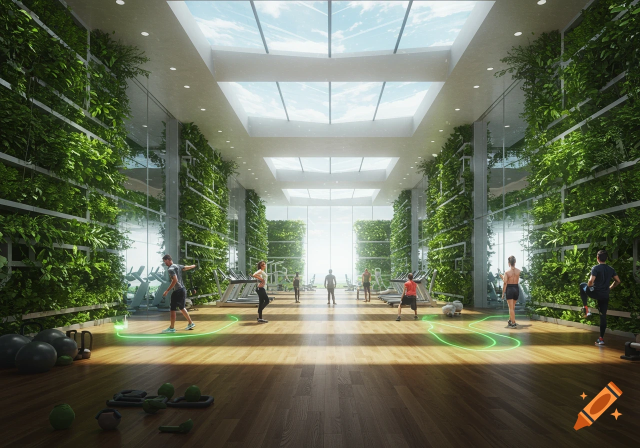 Photorealistic interior of a modern gym with lush green plant walls, a skylight, and people exercising.