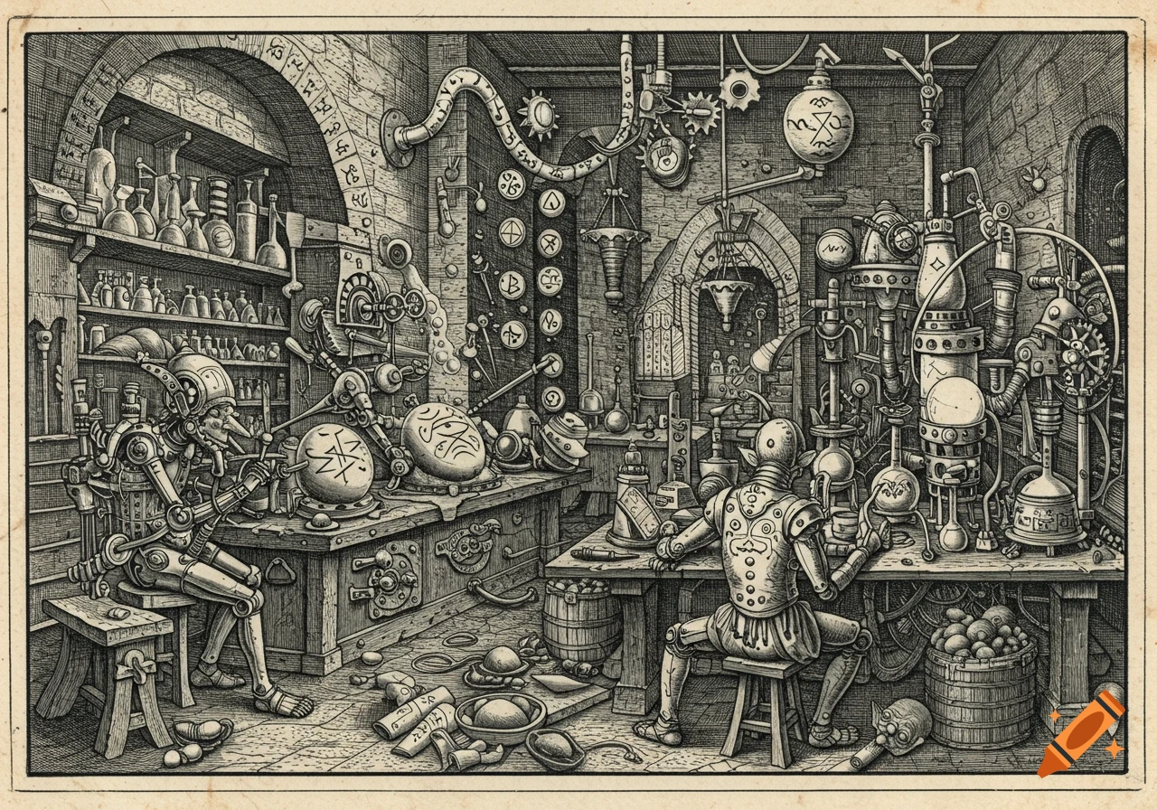 A black and white Dürer-style engraving of two mechanical alchemists working in a cluttered medieval lab filled with complex machinery, mystical symbols, and flasks.