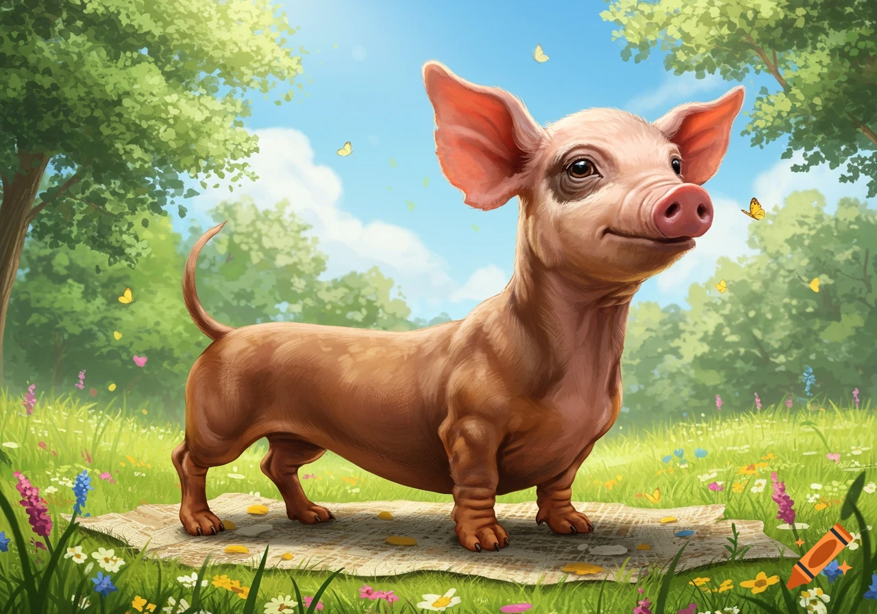 A cute, stylized pig-dachshund hybrid animal stands on a blanket in a sunny field with flowers and trees.