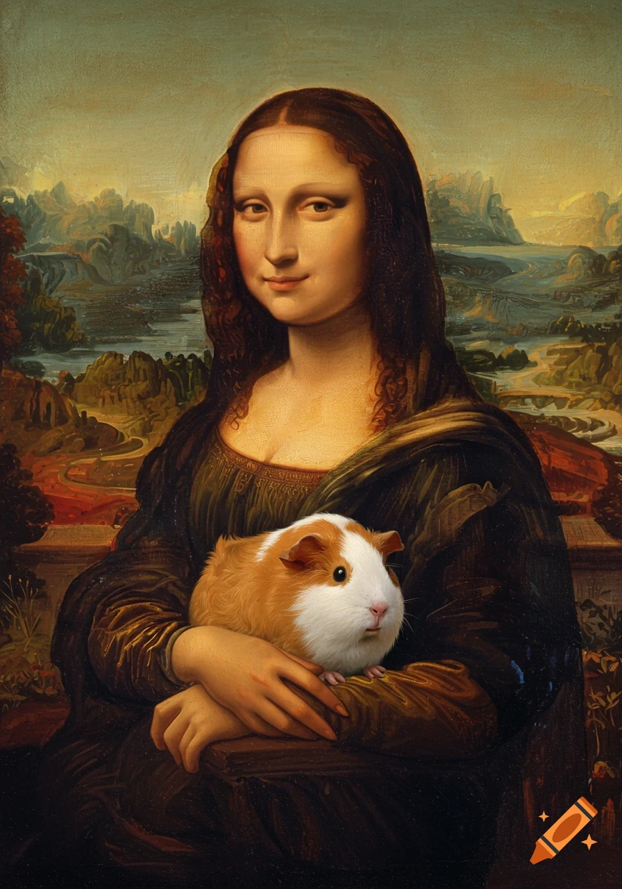 A classical painting in the style of the Mona Lisa, depicting a woman holding a brown and white guinea pig.
