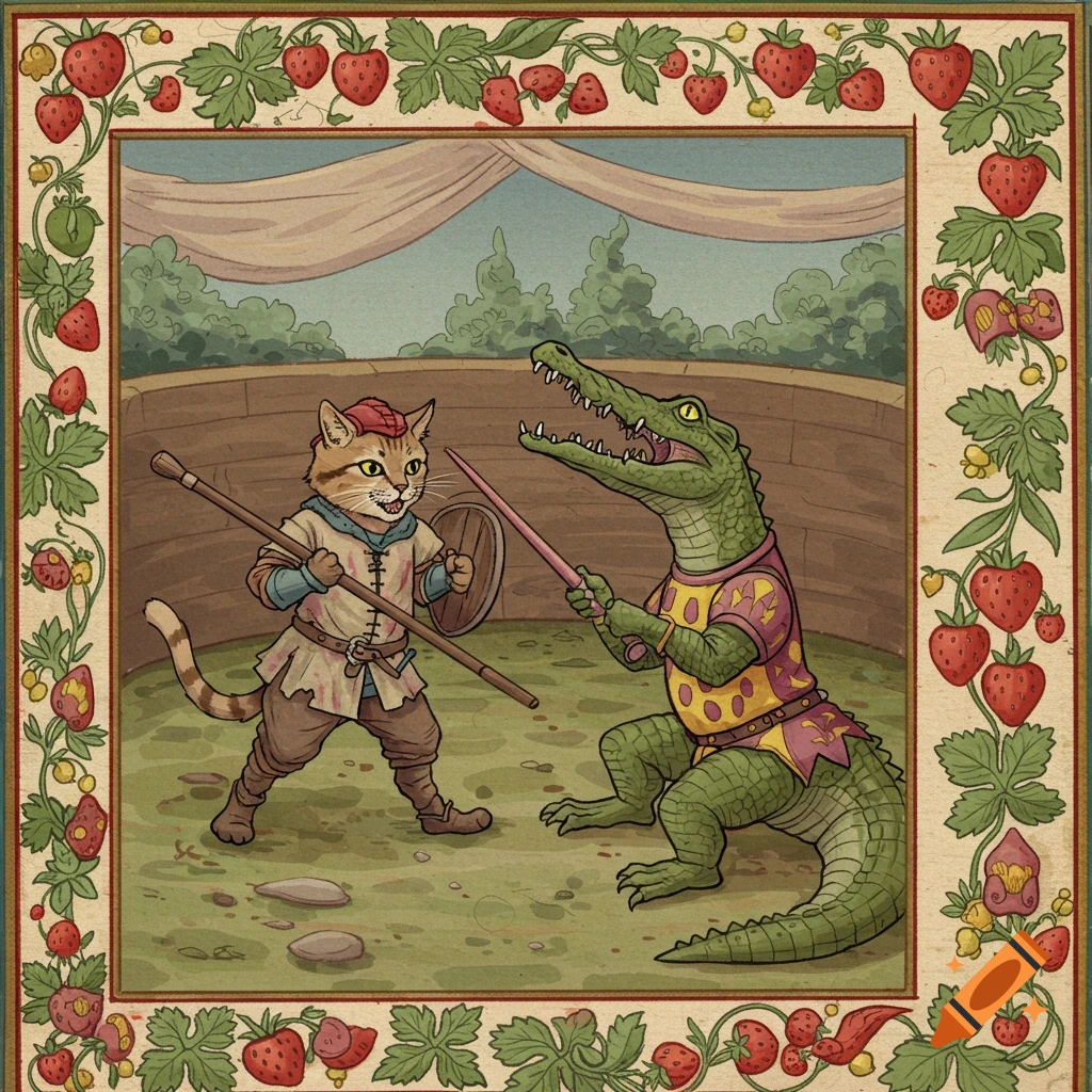 Medieval marginalia illustration of a cat knight and a crocodile fighting with weapons, framed by strawberries.