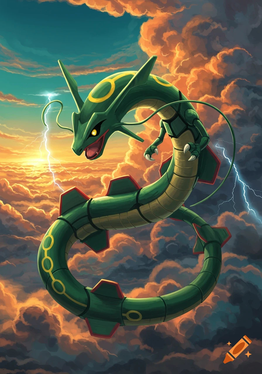Rayquaza, a green serpentine dragon Pokémon, coils amidst dramatic orange and blue clouds with lightning flashes at sunset.