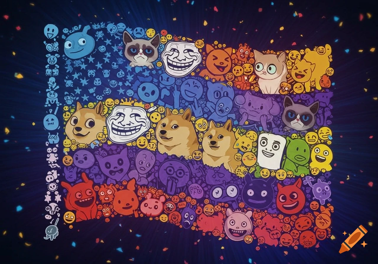 A colorful flag-shaped mosaic composed of various internet meme characters and emoji faces, set against a dark, starry background.