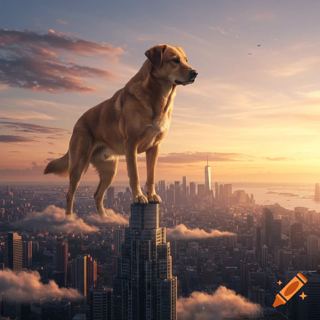 Giant golden dog standing on a skyscraper overlooking a city at sunset.