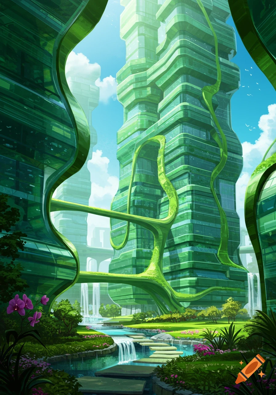 Vibrant, futuristic green city with undulating buildings, waterfalls, a stream with stepping stones, and lush flora under a blue sky.