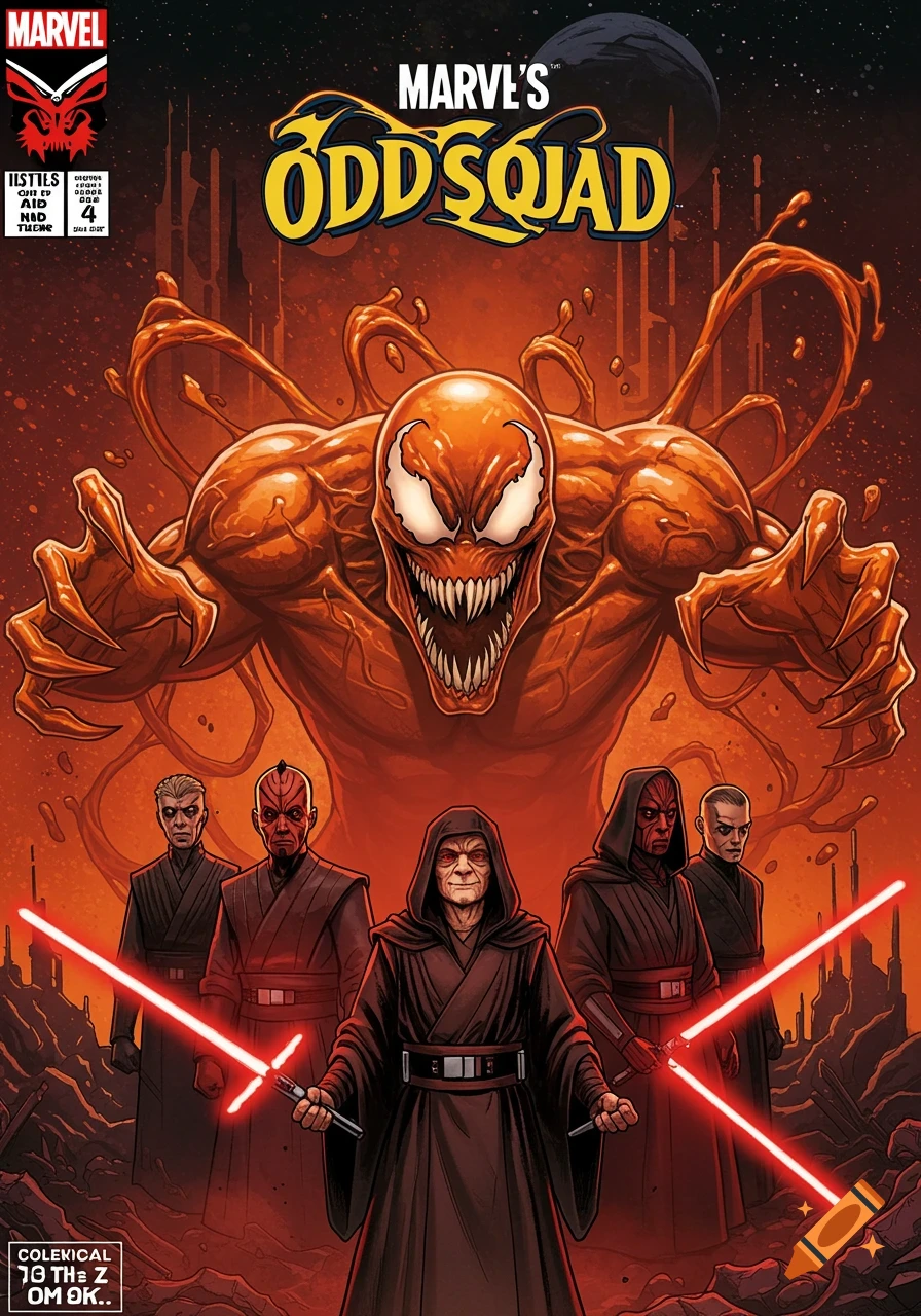 A comic book cover shows an orange Carnage-like symbiote monster above Darth Sidious and other Sith Lords holding red lightsabers.