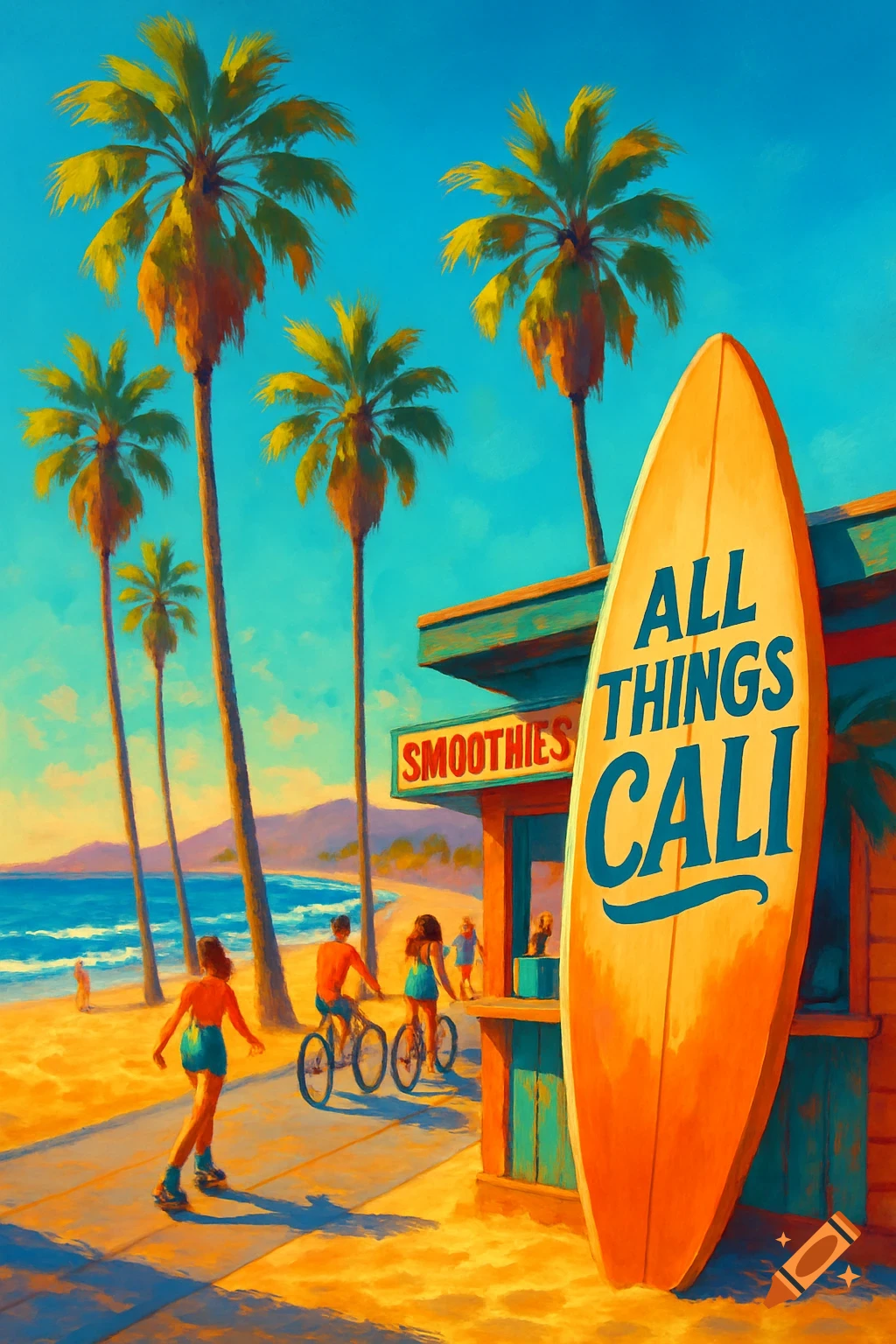 Vibrant painterly illustration of a California beach scene with palm trees, a smoothie stand, people, and a surfboard.