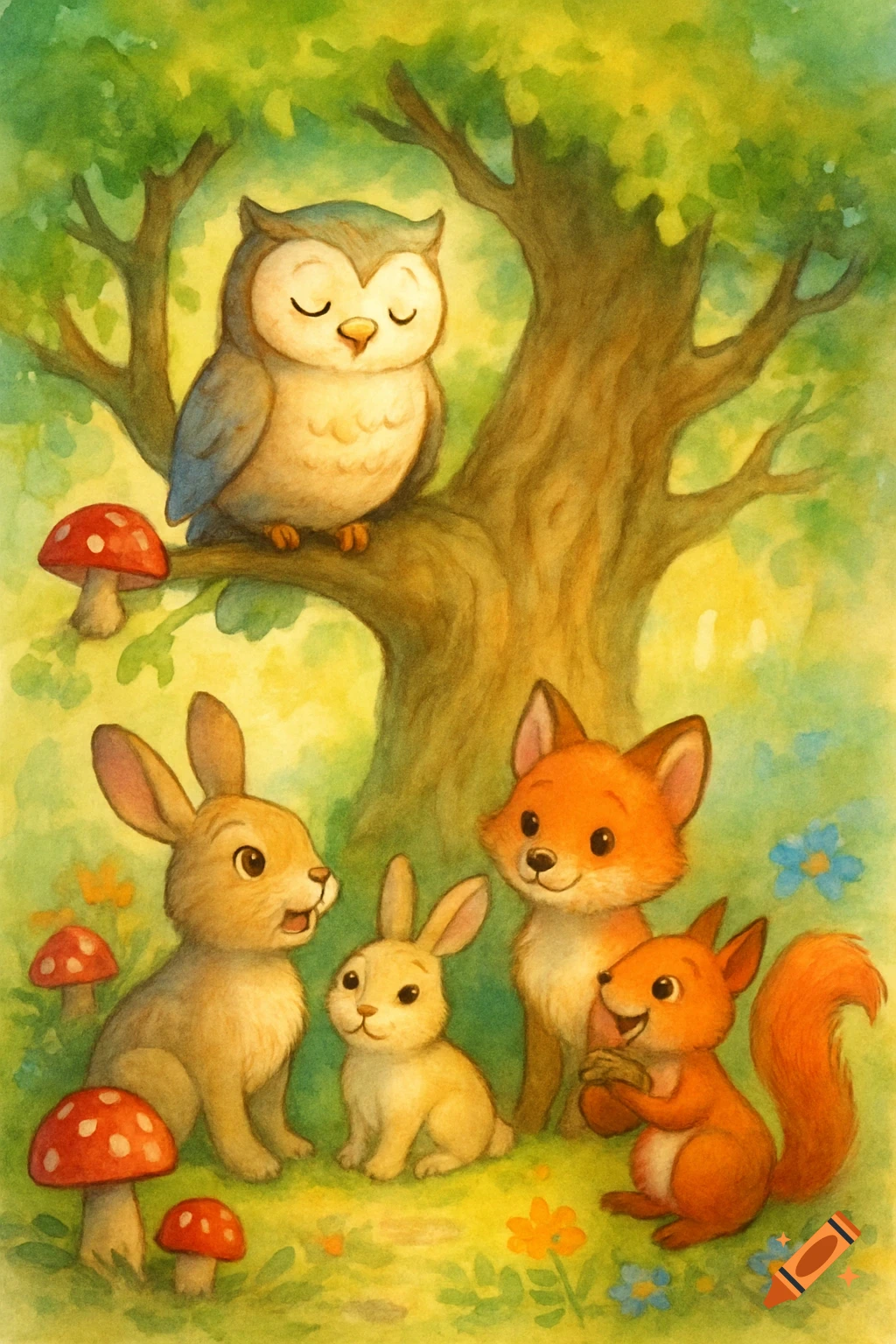 Watercolor illustration of an owl, two rabbits, a fox, and a squirrel gathered in a lush forest with mushrooms.