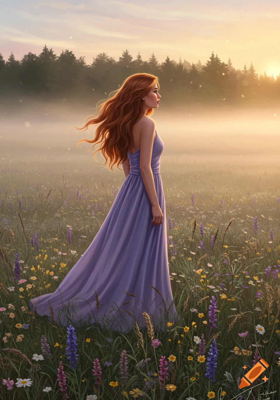 A woman with flowing red hair in a purple dress stands in a misty field of wildflowers at sunset, with a forest in the background.