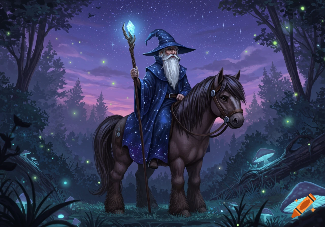 A bearded wizard in a blue starry robe rides a pony through a magical forest at twilight, holding a glowing staff.