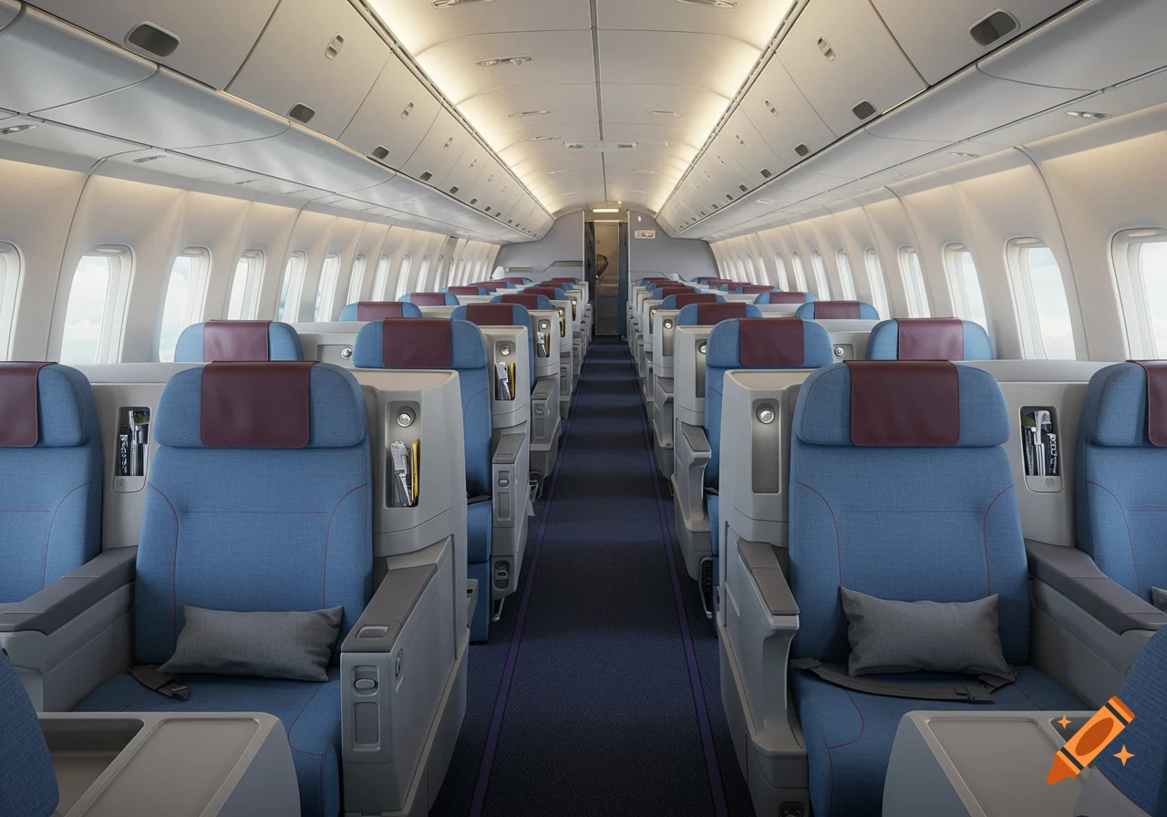 View down the aisle of a premium airplane cabin with rows of blue and maroon seats, looking realistic.