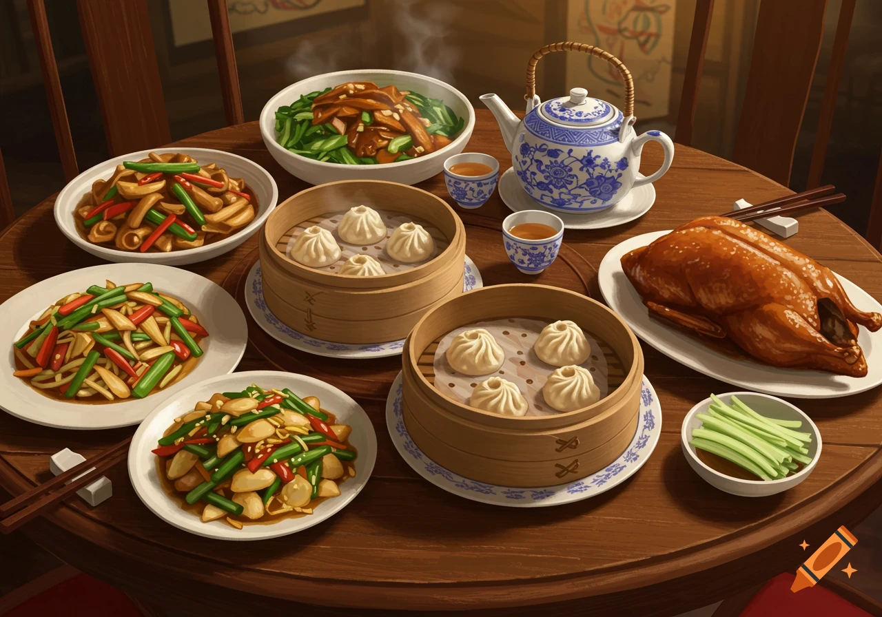 A wooden table laden with various steaming Chinese dishes, including Peking duck, dim sum, stir-fried vegetables, and a blue and white teapot.